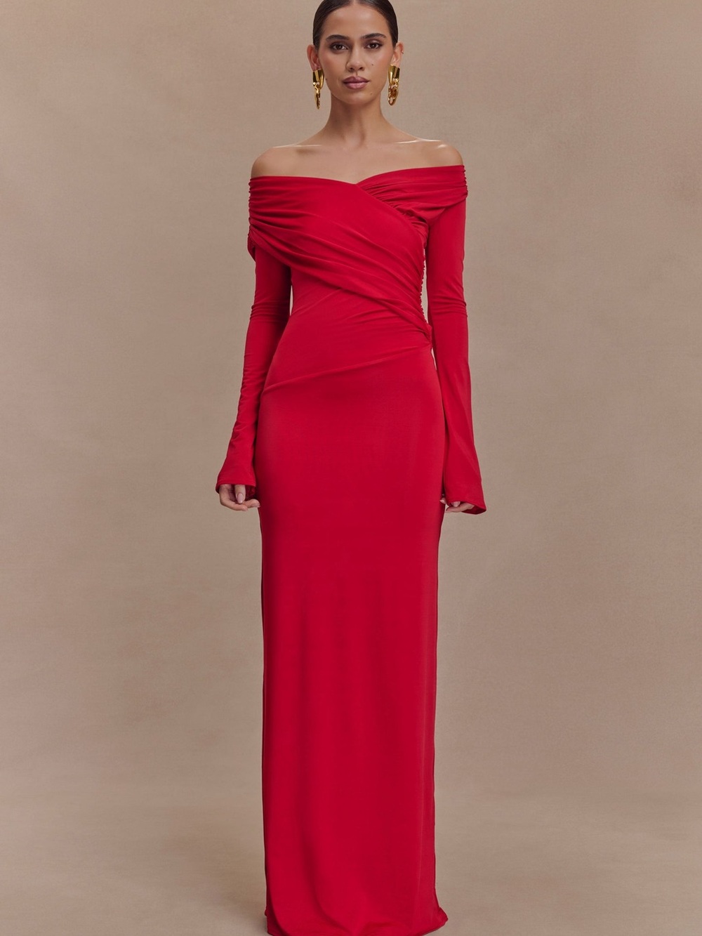 MESHKI Off-Shoulder Red Evening Gown